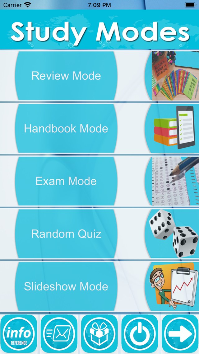Psychology Encyclopedia App uygulamasının beş çalışma modu: Review, Handbook, Exam, Random Quiz ve Slideshow