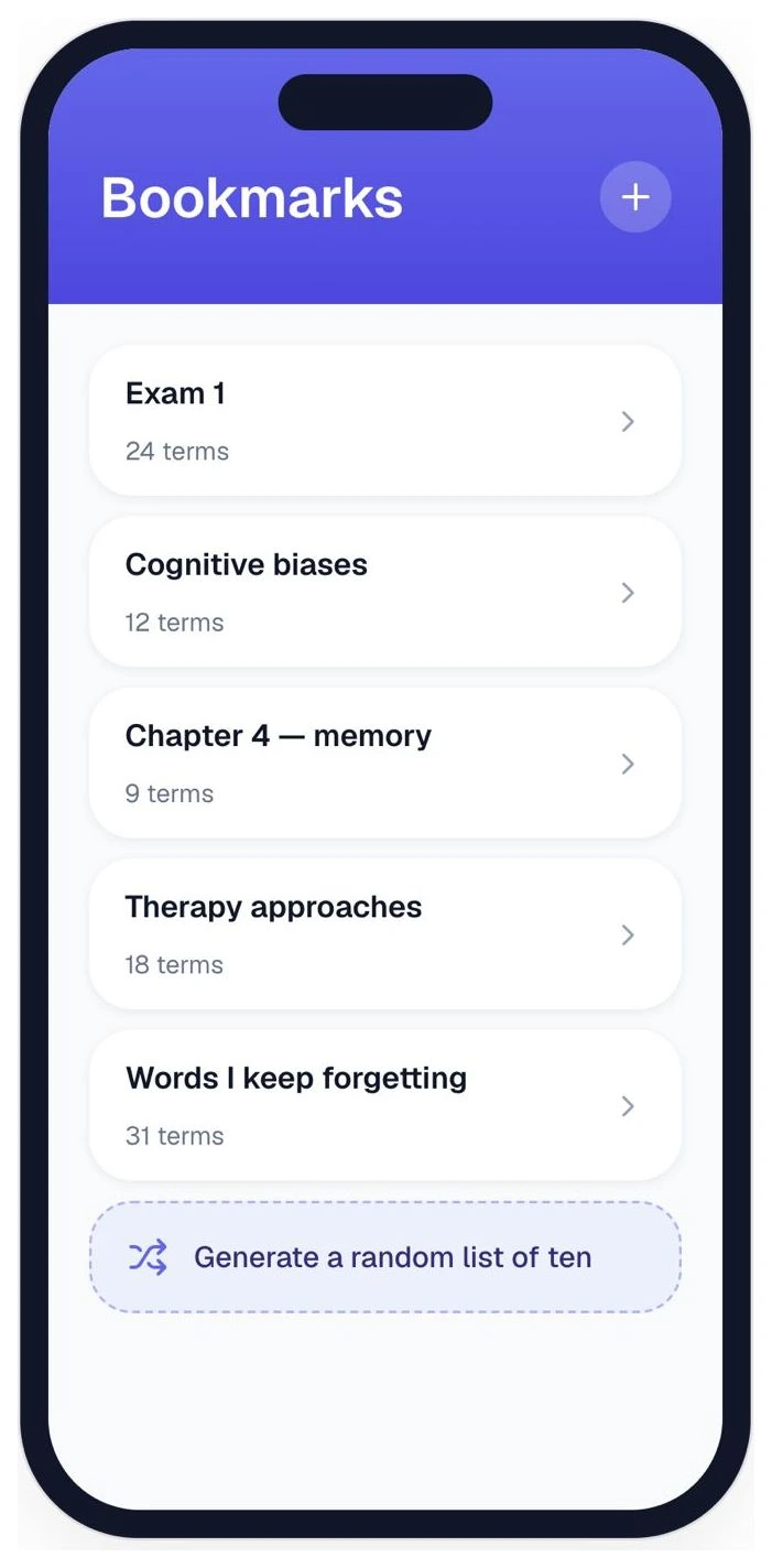 Psychology World uygulamasında kullanıcının oluşturduğu terim listeleri ve rastgele on kelime seçeneği